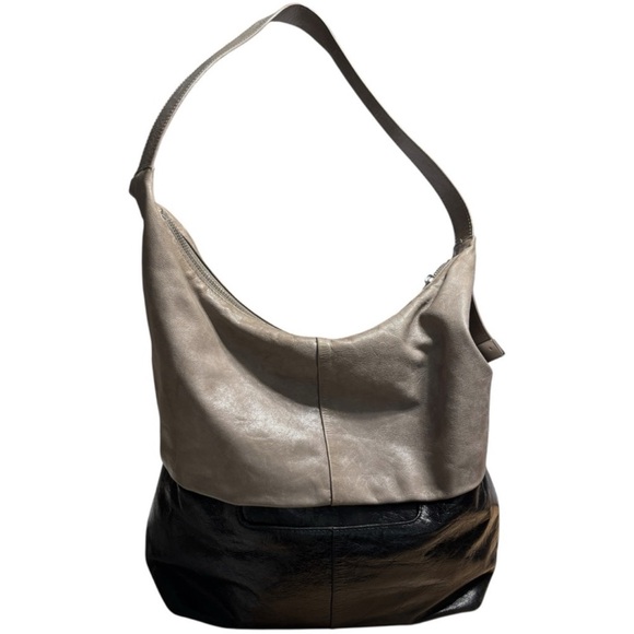Hobo Joyce Two Tone Leather Shoulder Bag Stone Black Zip Top Carryall - Picture 2 of 16
